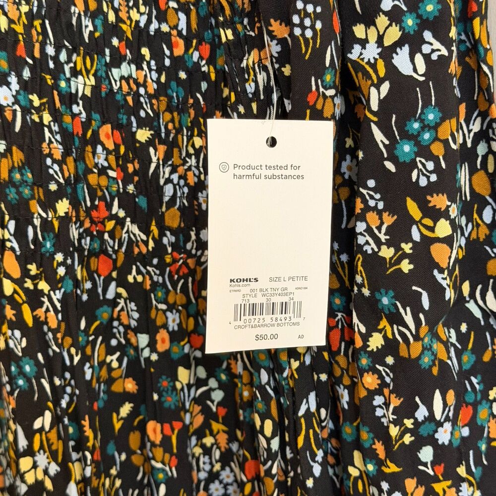 NWT Croft & Barrow Modest Black Floral Smocked Midi Dress Large Petite - Picture 3 of 4